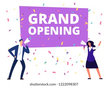 Woman and man with loudspeaker at grand opening banner and conffetti. Vector illustration