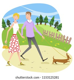 Woman and man in love, holding hands and walking a dog on a walkway (vector illustration)