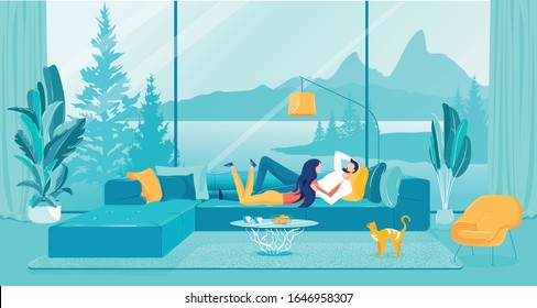 Woman and Man in Love Lying on Comfortable Couch and Having Talk Flat Cartoon Vector Illustration. Couple on Cozy Sofa Relaxing Together at Home in Evening. Luxury Apartment with Big Windows.