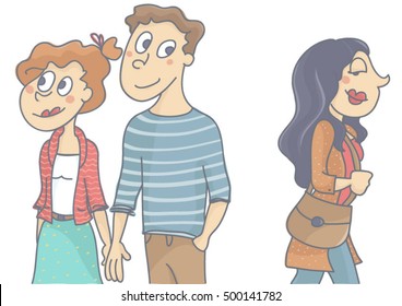 Woman and man in love relationship walking, man looking and flirting with another woman passing by. Vector cartoon of man infidelity, isolated, white background.