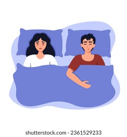 A woman and a man are lying in bed, the woman cannot sleep. Mental disorder concept, depression, insomnia. Vector illustration