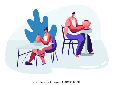 Woman and Man Making Pot on Rotating Wheel during Pottery Workshop. Potter Art Hobby, Male and Female Characters Creating Clay Objects. Handcrafted Master Class. Cartoon Flat Vector Illustration