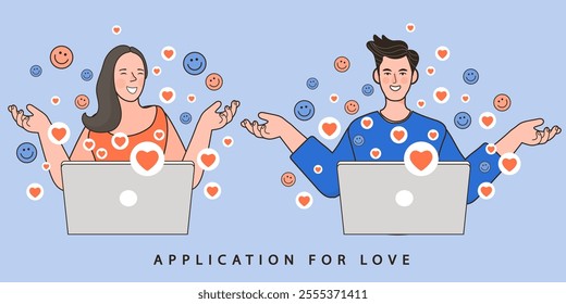 woman and man with many heart feeling in love one family. Happy young couple connecting heart. dating. Valentine's Day. Human Relations. Romantic Dating. vector outline illustration.