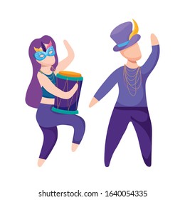 Woman and man with Mardi Gras hat mask and drum design, Party carnival decoration celebration festival holiday fun New Orleans and traditional theme. Vector illustration.