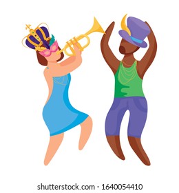 Woman and man with Mardi Gras hat crown trumpet and mask design. Party carnival decoration celebration festival holiday fun New Orleans and traditional theme. Vector illustration.