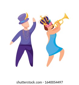 Woman and man with Mardi Gras hat crown trumpet and mask design. Party carnival decoration celebration festival holiday fun New Orleans and traditional theme. Vector illustration.