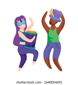 Woman and man with Mardi Gras hat mask and drum design. Party carnival decoration celebration festival holiday fun New Orleans and traditional theme. Vector illustration.