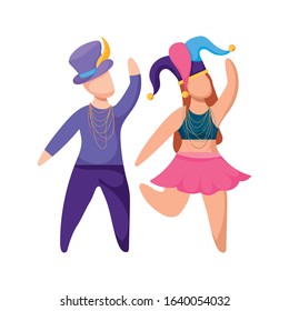 Woman and man with Mardi Gras hats design. Party carnival decoration celebration festival holiday fun New Orleans and traditional theme. Vector illustration.