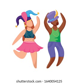 Woman and man with Mardi Gras hats design, Party carnival decoration celebration festival holiday fun New Orleans and traditional theme. Vector illustration.