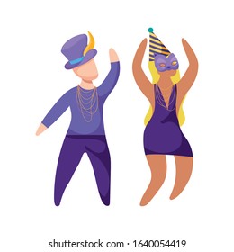 Woman and man with Mardi Gras hats and mask design. Party carnival decoration celebration festival holiday fun New Orleans and traditional theme. Vector illustration.