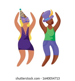 Woman and man with Mardi Gras hats and mask design. Party carnival decoration celebration festival holiday fun New Orleans and traditional theme. Vector illustration.