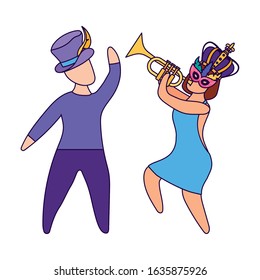 Woman and man with mardi gras mask crown trumpet and hat design, Party carnival decoration celebration festival holiday fun new orleans and traditional theme Vector illustration