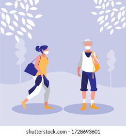 Woman and man with mask outside design of Covid 19 virus theme Vector illustration