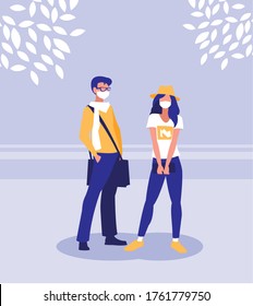 Woman and man with mask outside design of Covid 19 virus theme Vector illustration