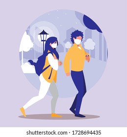 Woman and man with mask at park design of Covid 19 virus theme Vector illustration