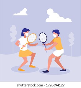 Woman And Man With Mask Playing Tennis At Park Design Of Covid 19 Virus Theme Vector Illustration