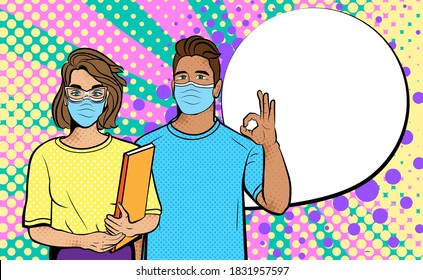 Woman with a man in mask in pop art style. Vector background in comic style retro pop art. Illustration for print advertising and web. 