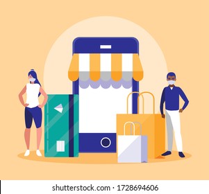 Woman And Man With Masks Credit Card Bags And Smartphone Design Of Mobile Shopping Online Ecommerce And Covid 19 Virus Theme Vector Illustration