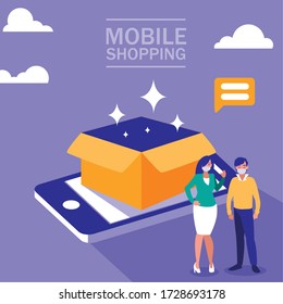 Woman and man with masks and smartphone design of Mobile shopping online ecommerce and covid 19 virus theme Vector illustration