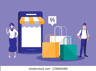 Woman And Man With Masks And Smartphone Design Of Mobile Shopping Online Ecommerce And Covid 19 Virus Theme Vector Illustration