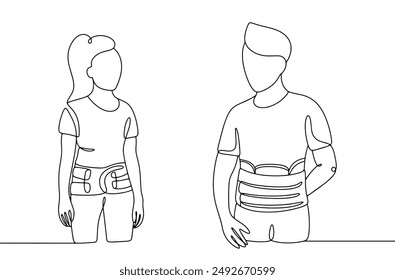 A woman and a man with a medical corset to immobilize the pelvic bones. Treatment of a fractured coccyx. A method for restoring the integrity of human bones. Vector illustration.