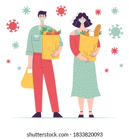 Woman and man in medical mask with paper bag groceries.Full length character.Concept shopping for groceries in supermarket during covid epidemic.Flat vector illustration isolated on white background