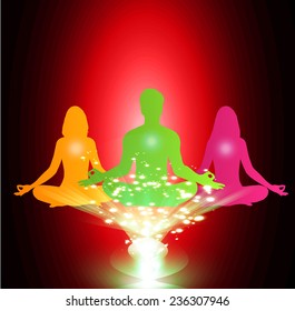 woman and man meditate abstract red radius background, yoga.
