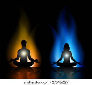 woman and man meditate dark orange blue fire abstract  background, yoga. black background.