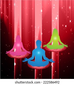 woman and man meditate, yoga, star cosmos galaxy universe red background. 