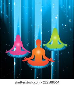 woman and man meditate, yoga, star cosmos galaxy universe blue background. 