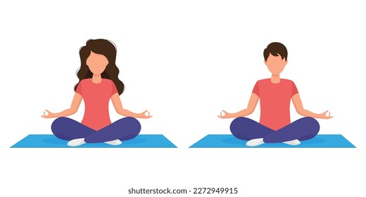 Las mujeres y los hombres están meditando. Meditación en la posición del loto. Meditación de pareja. Meditación, deporte, estilo de vida saludable. Ilustración vectorial en un estilo plano. Aislado sobre un fondo blanco.