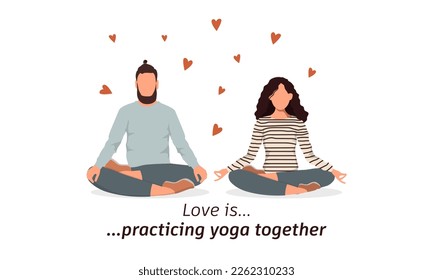 Woman and man meditating sitting in lotus pose isolated on the white background. Relax concept. Couple in love practicing yoga together. Vector illustration