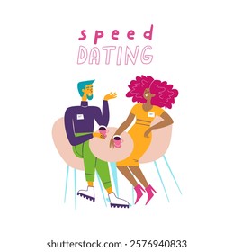 Woman and  man meet in a cafe for speed dating. Speed dating vector illustration.