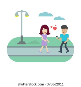 Woman and man meet each other and fall in love.