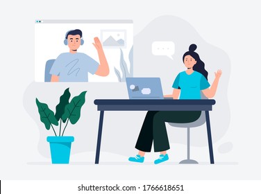 Una mujer y un hombre se reúnen en línea con una videoconferencia en una laptop. Videollamadas con un amigo o colega. Trabajo independiente, trabajo desde casa y trabajo desde cualquier lugar. Ilustración vectorial plana de moda.