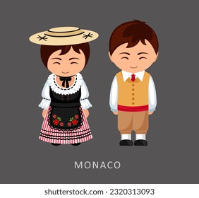 Woman and man in Monaco national costume. Monegasques couple, cartoon characters in traditional ethnic clothes. Flat vector illustration.