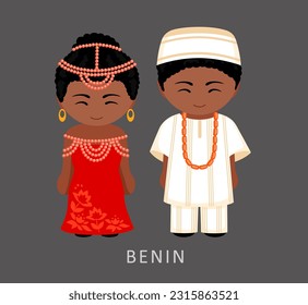 Woman and man in national Benin costume. Beninese couple, cartoon characters in traditional ethnic clothes. Flat vector illustration.