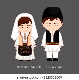 Woman and man in national Bosnia and Herzegovina costume. Bosnians couple, cartoon characters in traditional ethnic clothes. Flat vector illustration.