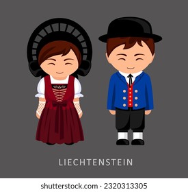 Woman and man in national costume. Liechtensteiners couple, cartoon characters in traditional Liechtenstein ethnic clothes. Flat vector 