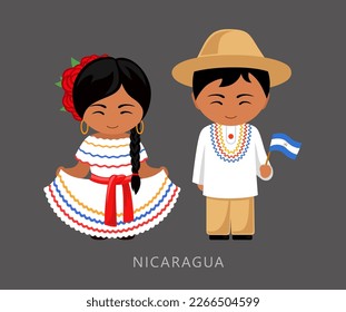 Woman and man in Nicaragua national costume. Nicaraguans couple, cartoon characters in traditional ethnic clothes. Flat vector illustration.