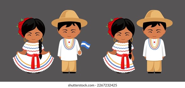 Woman and man in Nicaragua national costume. Nicaraguans couple, cartoon characters in traditional ethnic clothes. Flat vector illustration.