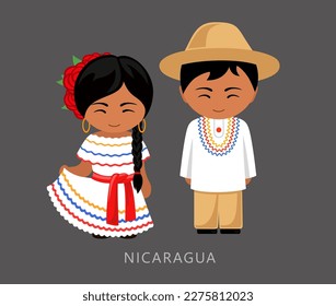 Woman and man in Nicaragua national costume. Nicaraguans couple, cartoon characters in traditional ethnic clothes. Flat vector illustration.