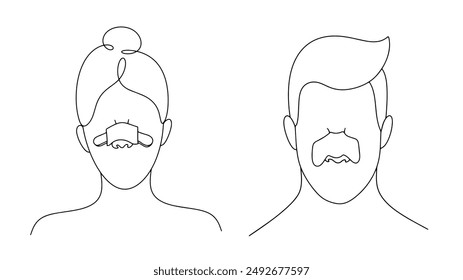 A woman and a man with a nose injury. Medical fixation bandage for fixing the bones and cartilage of the nose. Fracture healing or rehabilitation after rhinoplasty. Vector illustration.