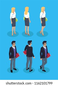 Woman and man office workers wearing formal suits blouse and skirt. Female and male with document papers. Businessman with glasses isolated on vector