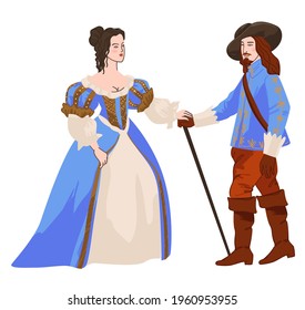 Woman and man of old times, male and female characters on ball or reception. Queen or princess with knight holding spear or sword. People wearing traditional vintage clothes. Vector in flat style