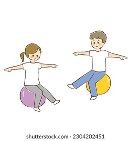 A woman and a man on balance balls.