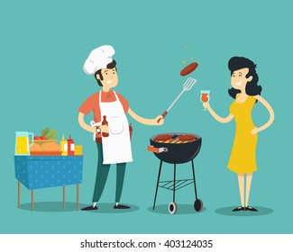 Woman and man on bbq. Vector illustration.