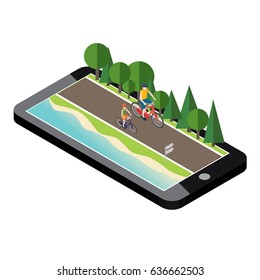 Woman and man on bicycles on the road near the beach and forest. Mobile geo tracking