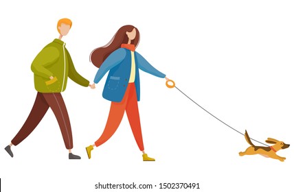 Woman And Man On Date, Play With Dog Outdoor Vector. Couple Walking Together With Pet On Leash, Activity Illustration. People Holding Their Hands, Love Relations Or Friendship. Autumn Warm Weather