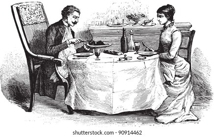 Woman and Man on dining table - Vintage illustration from "La petite soeur par Hector Malot" 1882